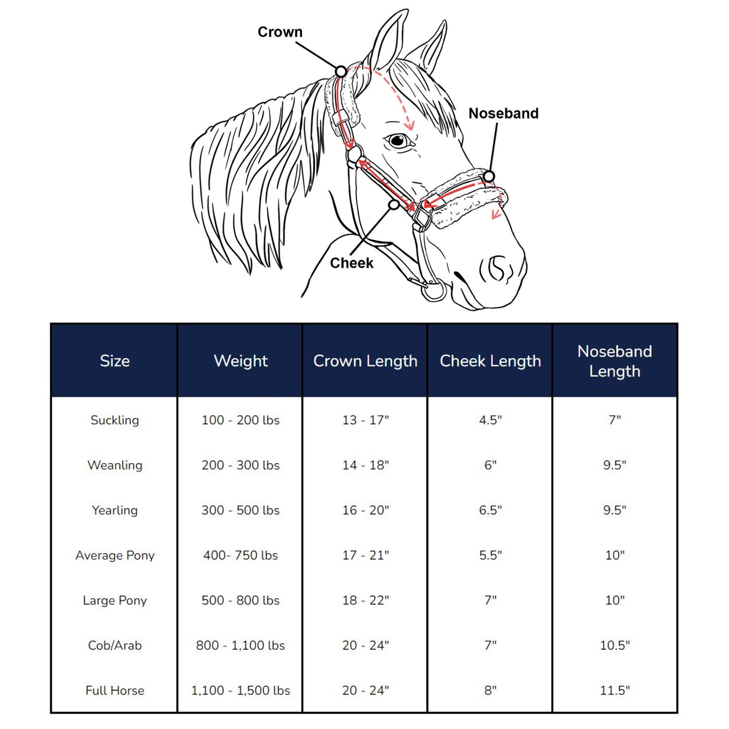 Paris Tack Fleece Padded Adjustable Nylon Horse Halters Size chart
