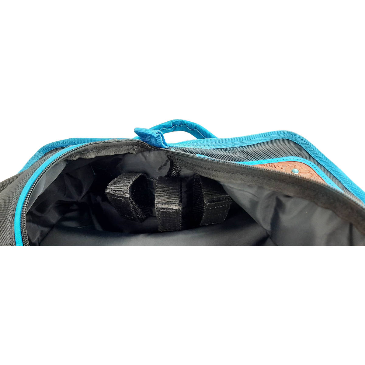 Turquoise Flower Nylon Center Opening Triple Layered Padded Bridle and Headstall Bag with Hand Tooled Leather Accents Inside Bag 