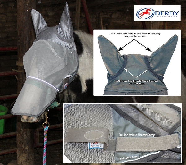 Derby Originals UV-Blocker Premium Reflective Horse Fly Mask with Ears and Nose Cover with One Year Warranty