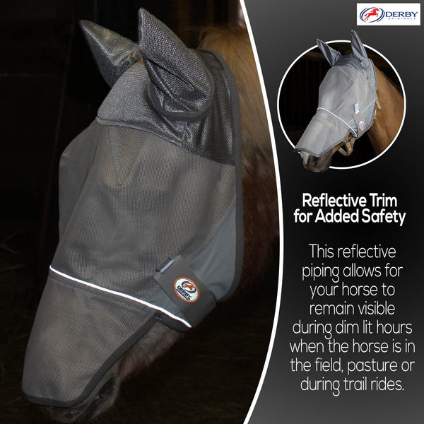 Derby Originals UV-Blocker Premium Reflective Horse Fly Mask with Ears and Nose Cover with One Year Warranty