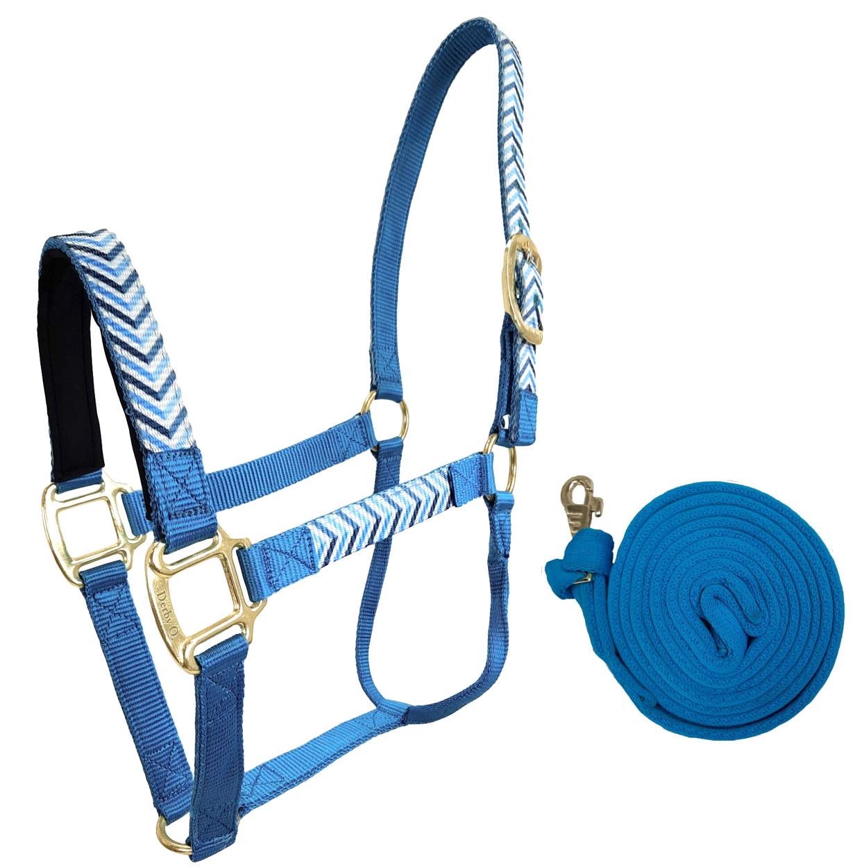 Derby Originals Patterned Nylon Padded Horse Halters with Matching 10’ Soft Grip Lead Rope - Blue Color View