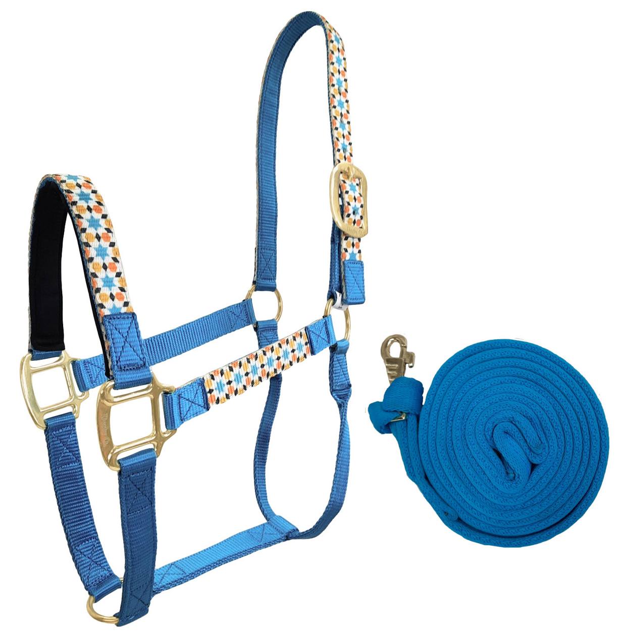 Derby Originals Patterned Nylon Padded Horse Halters with Matching 10’ Soft Grip Lead Rope -Blue Color