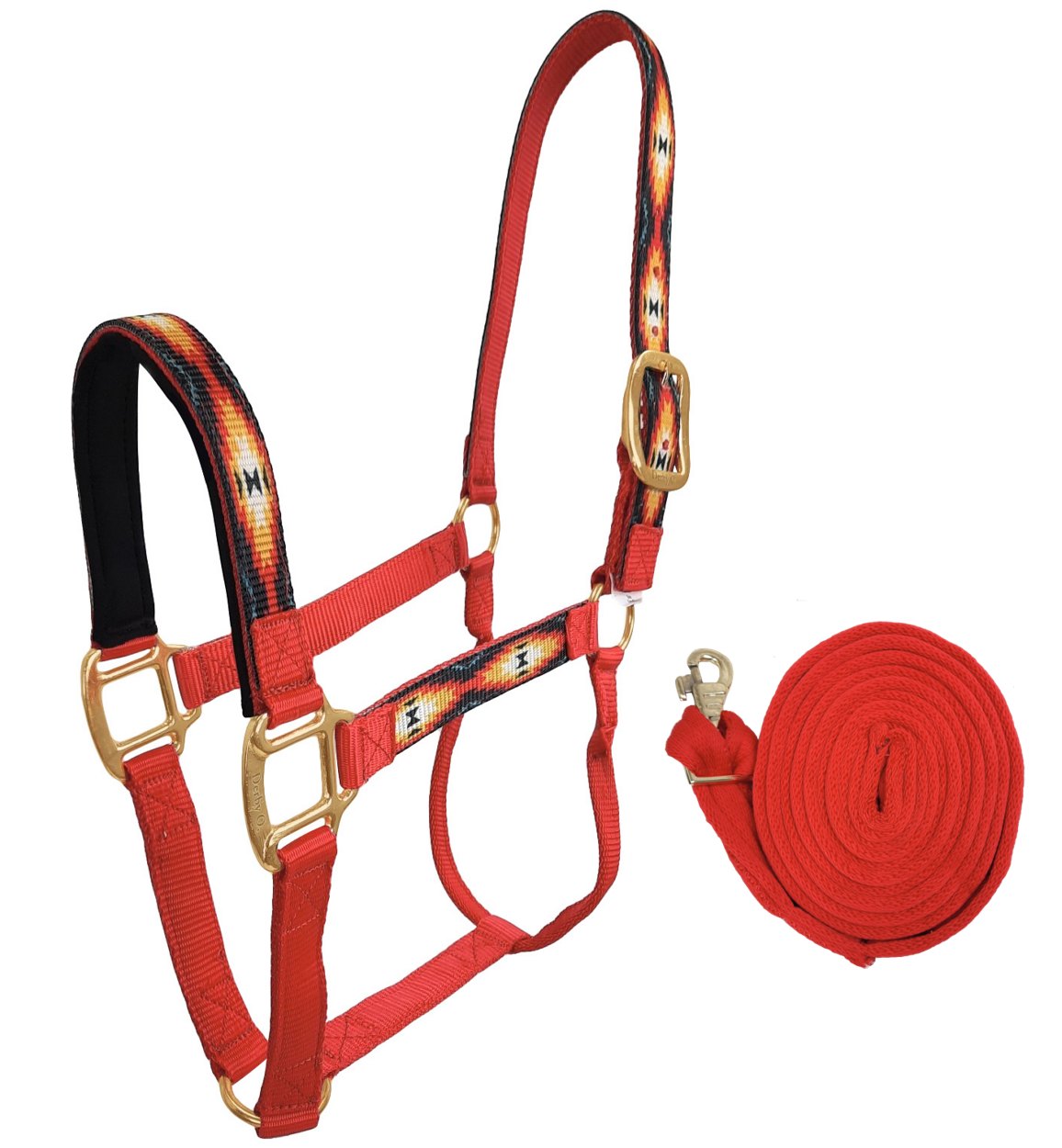 Derby Originals Patterned Nylon Padded Horse Halters with Matching 10’ Soft Grip Lead Rope - Red Color