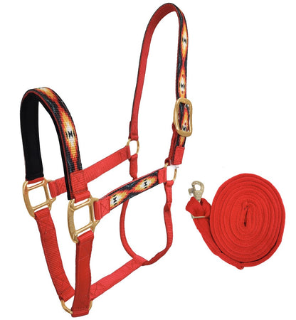 Derby Originals Patterned Nylon Padded Horse Halters with Matching 10’ Soft Grip Lead Rope - Red Color