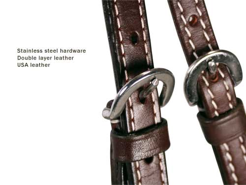 Tahoe Red River Spotted Knotted Headstall USA Leather Buckle Close