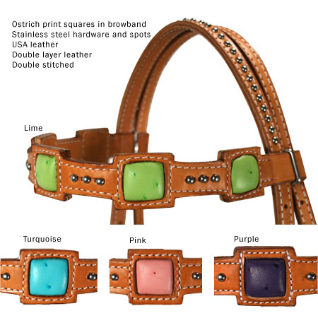 Tahoe Tack USA Leather Saquaro Ostrich Print Square Western Browband Headstall Crown