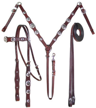 Tahoe Tack Patriotic Silver Star Concho Leather Western  Headstall, Breastcollar, and Reins Set