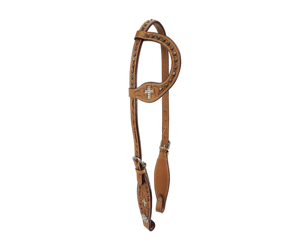 Tahoe Tack Show Crystal Cross Hand-Tooled Western Slip Ear Headstall