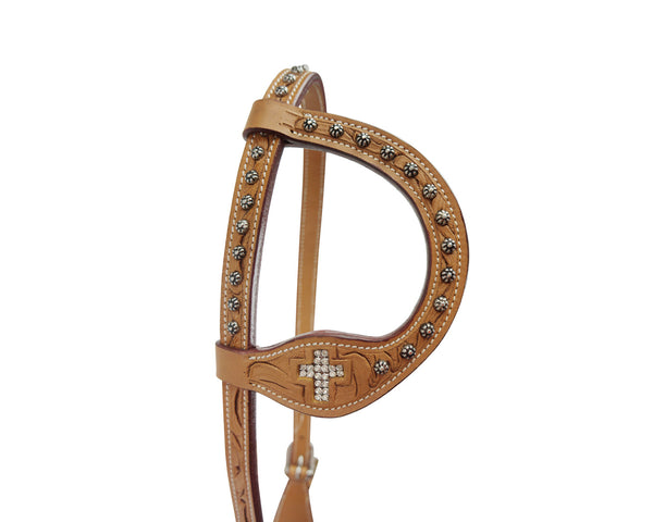 Tahoe Tack Show Crystal Cross Hand-Tooled Western Slip Ear Headstall