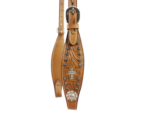 Tahoe Tack Show Crystal Cross Hand-Tooled Western Slip Ear Headstall