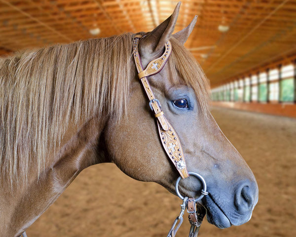 Tahoe Tack Show Crystal Cross Hand-Tooled Western Slip Ear Headstall