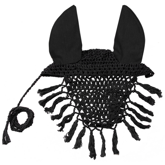 Derby Originals Crochet Horse Fly Veil Ear Bonnet with Fringe Black