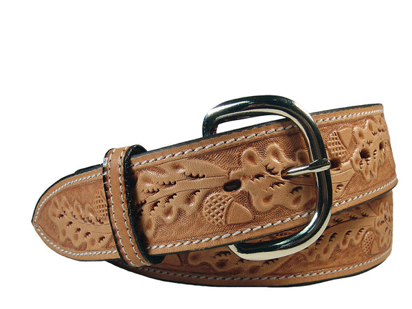 Tapered USA Leather Acorn Tooled Western Belt with 1" Buckle
