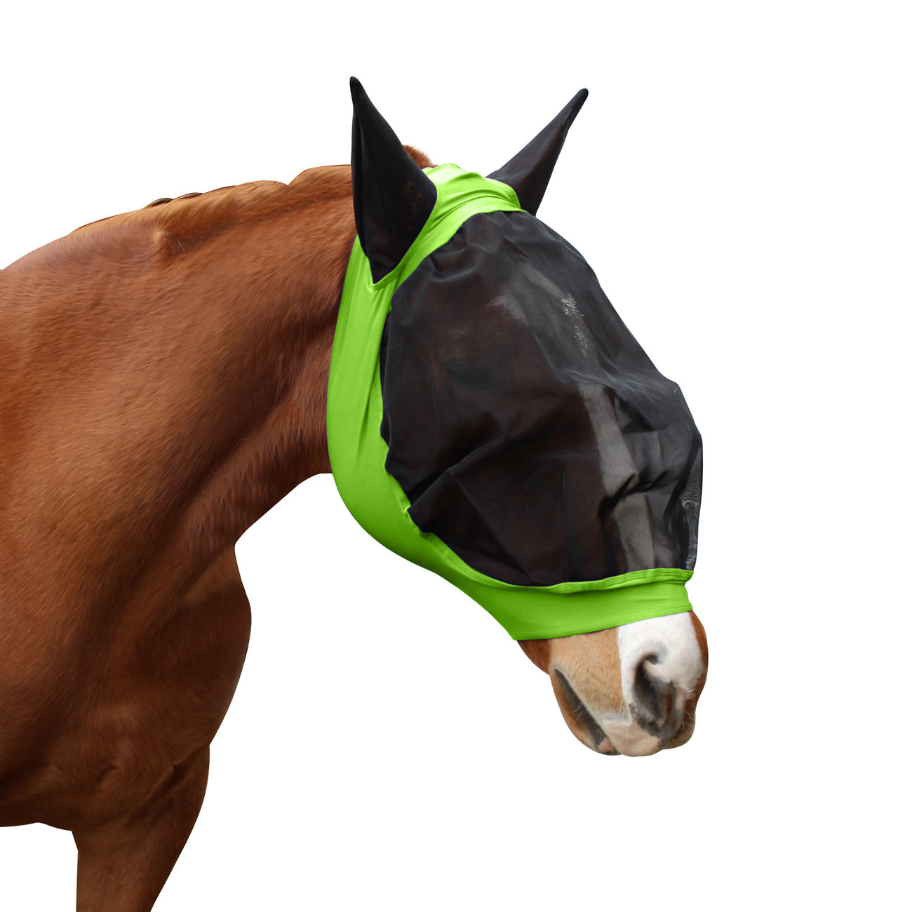 Derby Originals UV-Blocker Extra Comfort Soft Mesh Lycra Horse Fly Mask with Ears Lime green color
