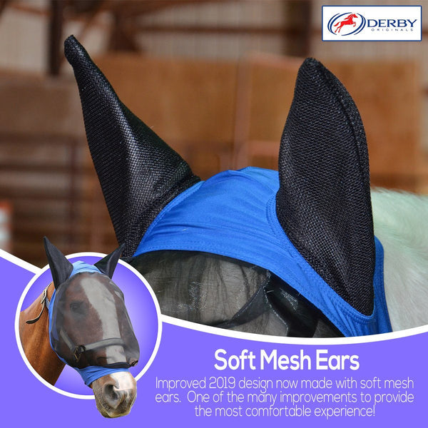 Derby Originals UV-Blocker Extra Comfort Soft Mesh Lycra Horse Fly Mask with Ears with One Year Warranty - Multiple Colors and Sizes