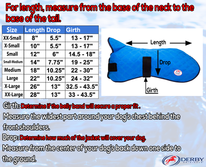 Derby Originals Hydro Cooling Dog Jacket with Harness Compatible Size chart