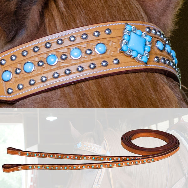 Tahoe Tack Turquoise Spotted Show Western Leather Browband Headstall with Matching Split Reins