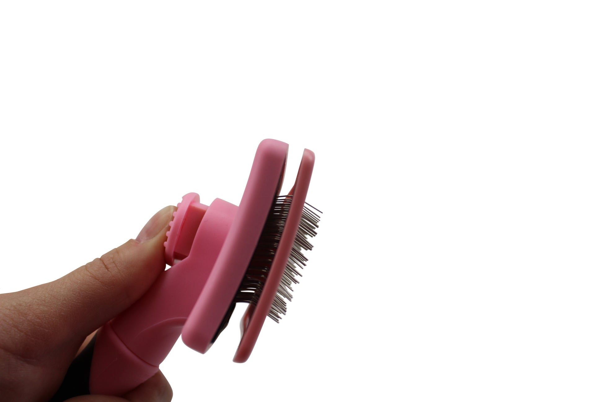 Self Cleaning Pet Slicker Brush by cuteNfuzzy® Pink Push Lifestyle